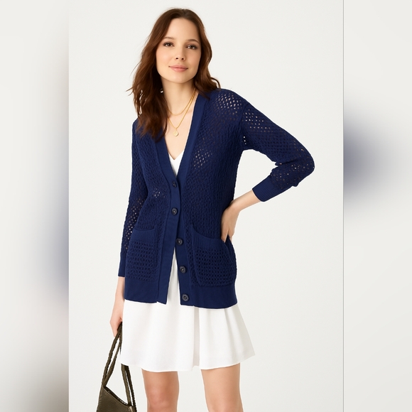 J.Crew limited edition Navy open weave boyfriend cardigan Navy m/l summer - Picture 1 of 14